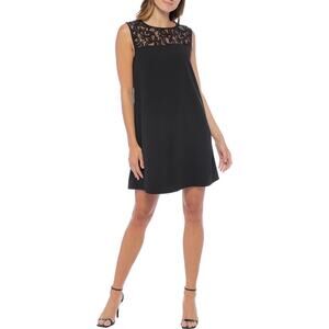 Marina Sequin Lace Yoke Sleeveless Little Black Mini Shift Cocktail Dress 8 Med